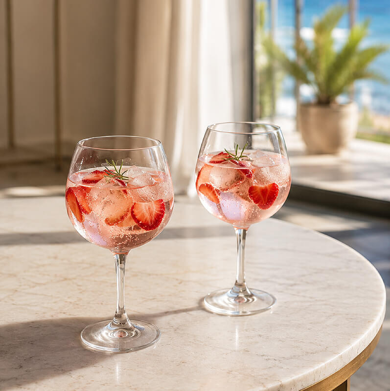 Gin com morangos Dois copos de gin de morango repousam sobre uma mesa redonda de mármore claro, junto a uma janela aberta para uma varanda com vista para o mar. As bebidas têm gelo, rodelas de morango, um ramo de alecrim e bolhas de água tónica. A luz natural de verão entr