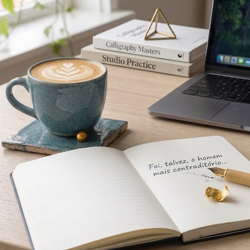 Latte Uma fotografia de plano médio de uma mesa de trabalho de madeira clara, organizada e bem iluminada por luz natural vinda de uma janela com plantas de trepadeira no canto superior esquerdo. No centro, um caderno aberto com páginas pautadas tem uma caneta-ti