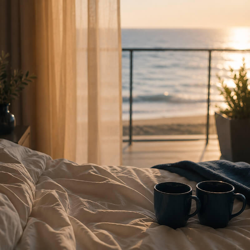 Quarto de hotel luminoso junto ao mar, com a cama desfeita em primeiro plano e dois canecos azul-escuro pousados sobre o edredão branco. Ao lado, uma manta azul-marinho reforça a paleta da identidade visual da Matchaqui. Ao fundo, uma varanda aberta deixa